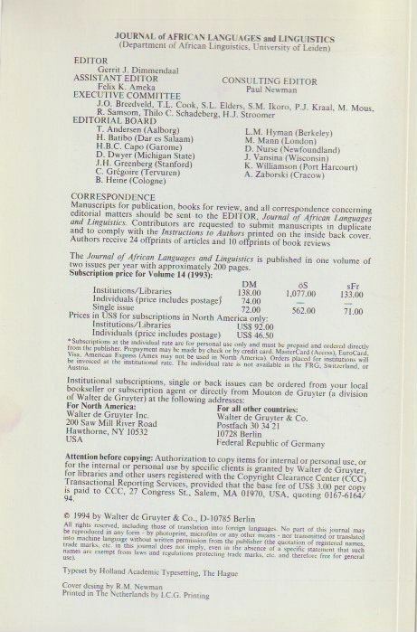 Masthead and subscription details
