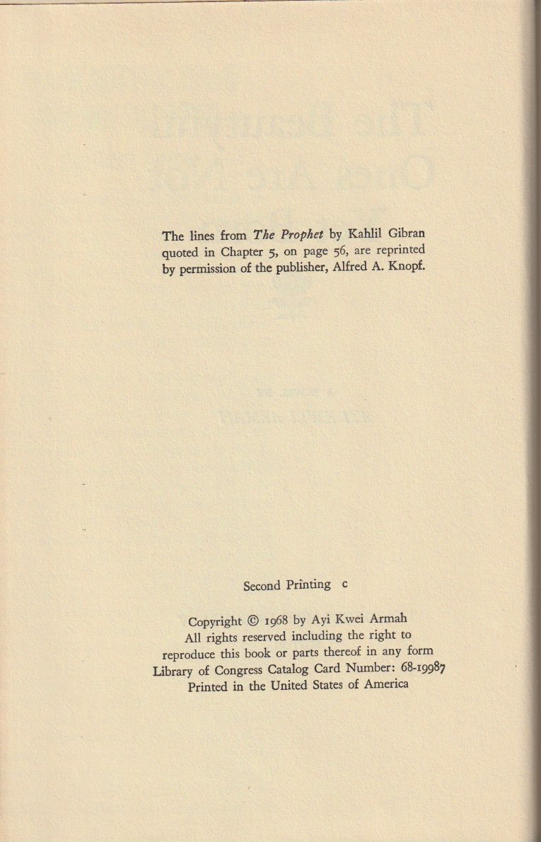 The Beautyful Ones Are Not Yet Born — Copyright page