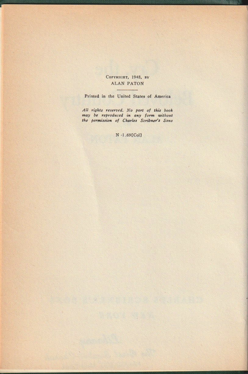 Cry, the Beloved Country — Copyright page