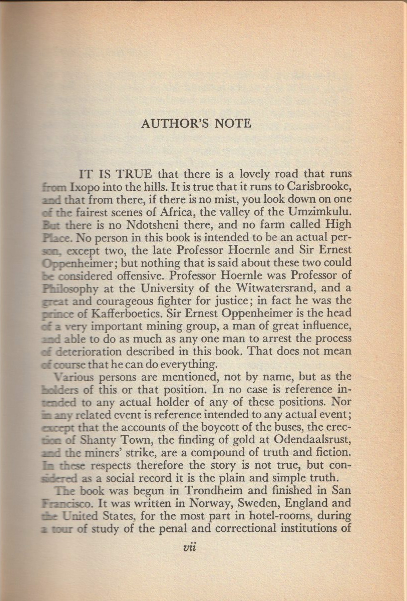Cry, the Beloved Country — Authors note