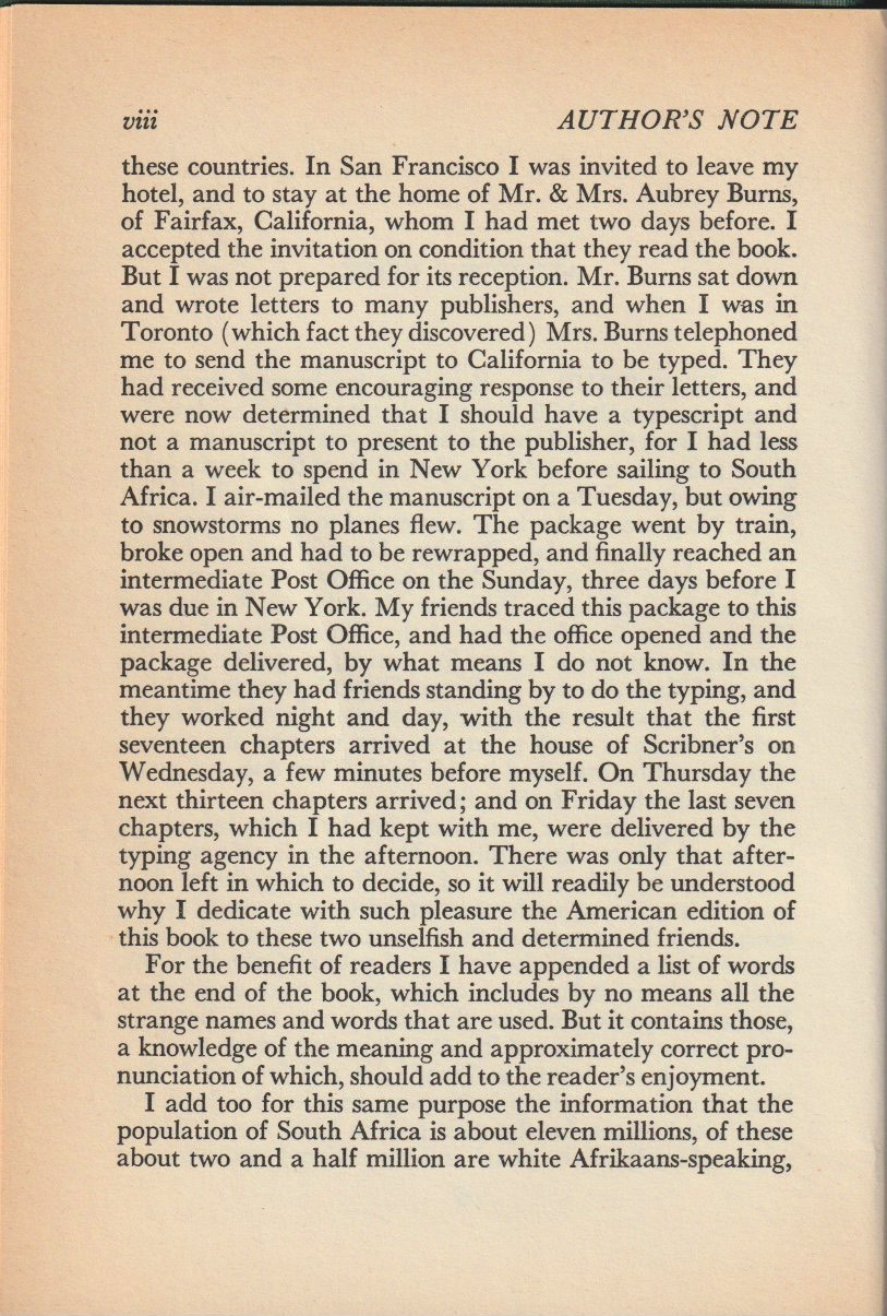 Cry, the Beloved Country — Authors note, cont.