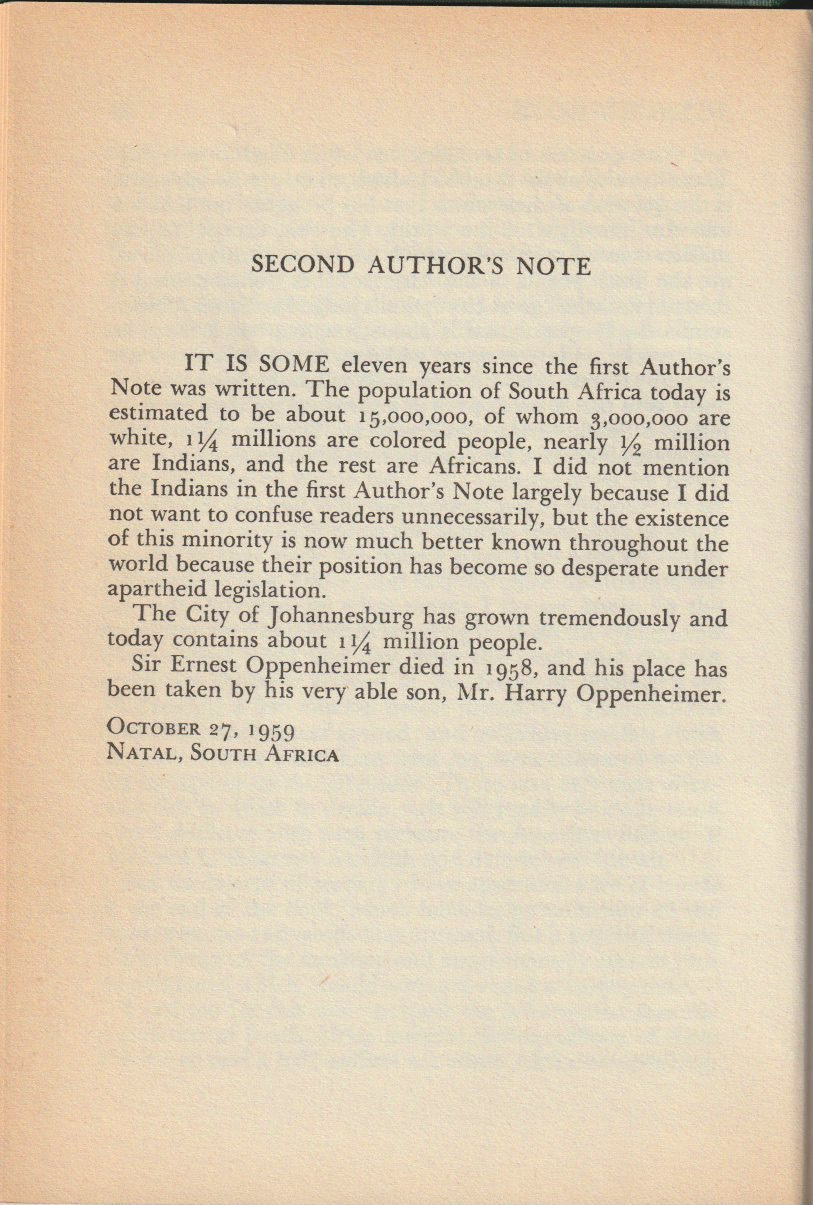 Cry, the Beloved Country — Second authors note