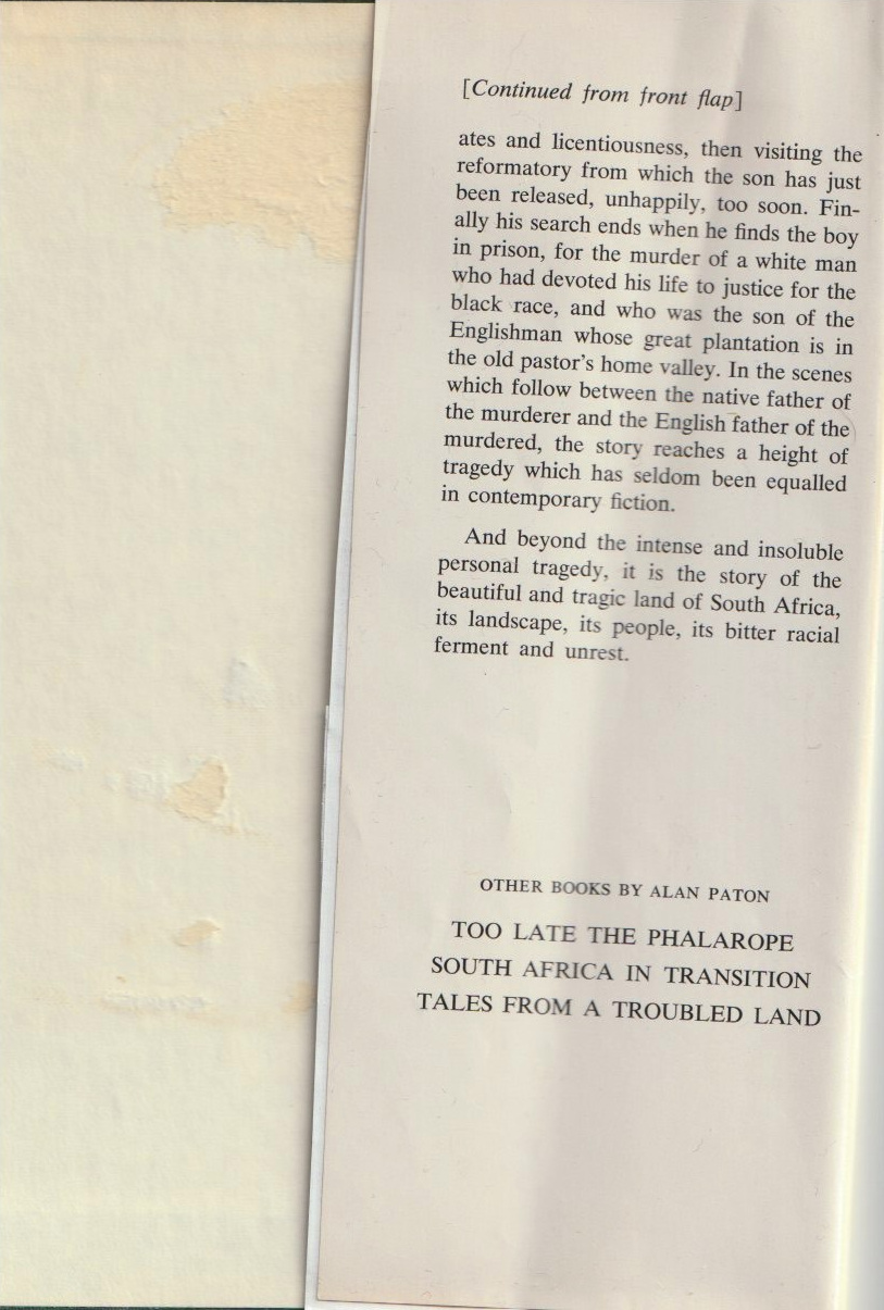 Cry, the Beloved Country — Back flap